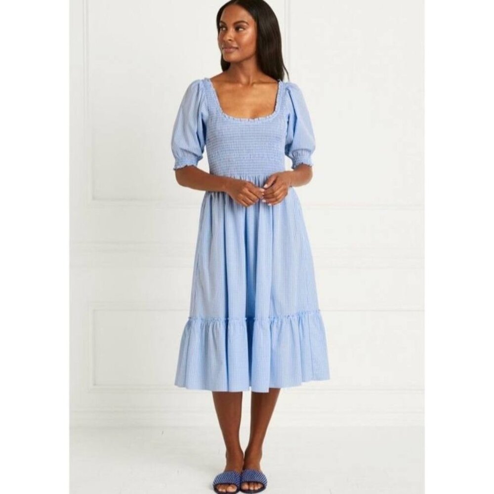 Rare HILL HOUSE HOME Louisa Shirred Ruffled Gingham Nap Midi Dress